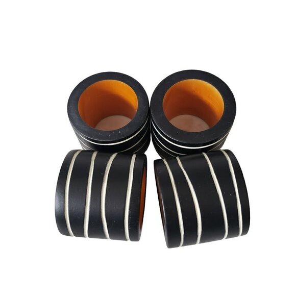 Vintage Thick Wooden Round Napkin Rings Black with White Stripes Set of 4 MCM - Picture 3 of 5